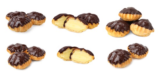 Image of Delicious profiteroles covered with chocolate on white background, collage design