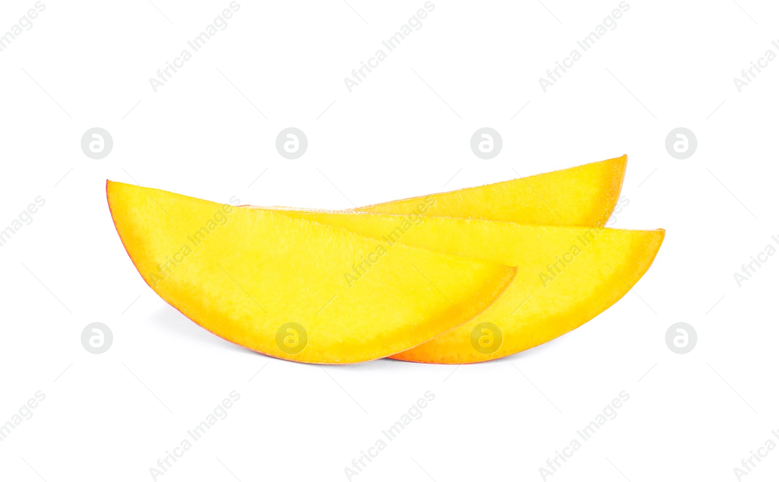 Photo of Juicy mango slices on white background. Tropical fruit