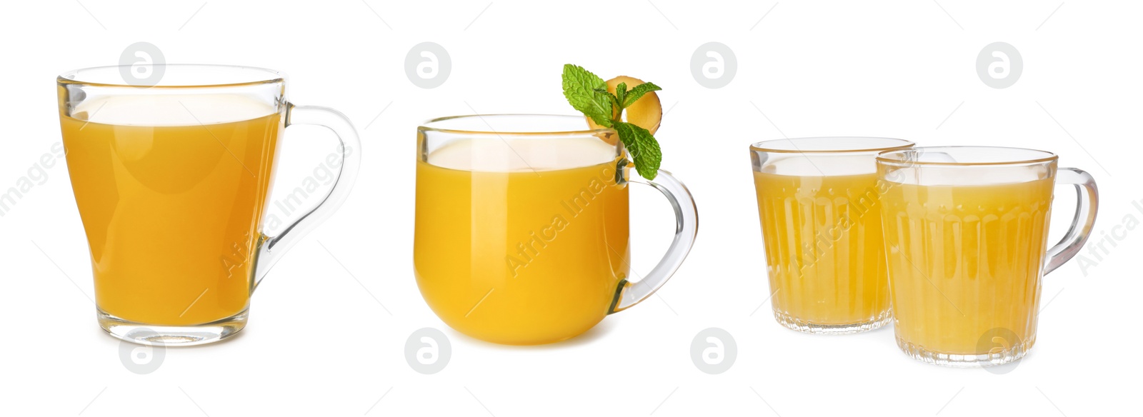 Image of Set of immunity boosting drink on white background, banner design