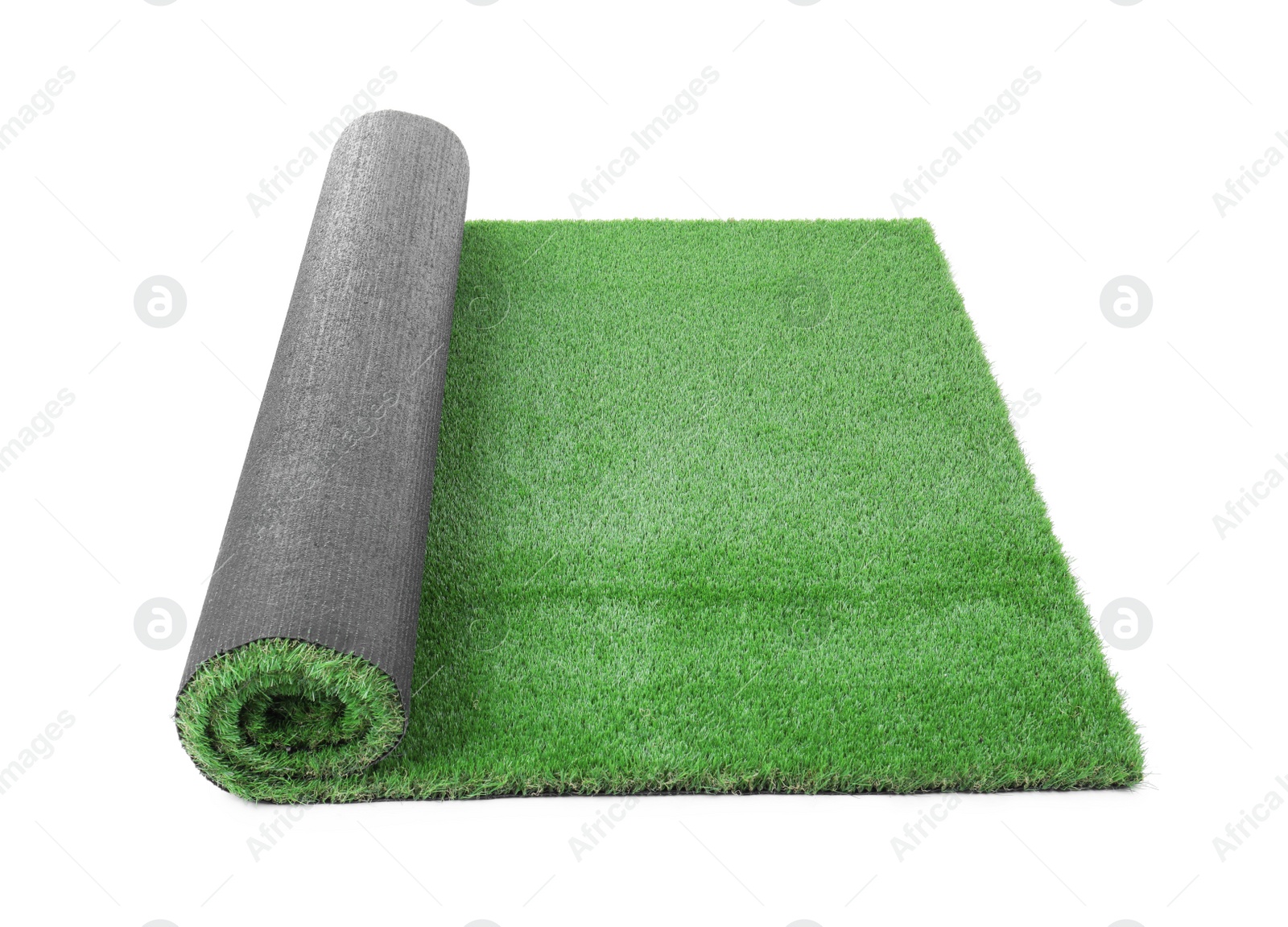 Photo of Rolled artificial grass carpet on white background. Exterior element