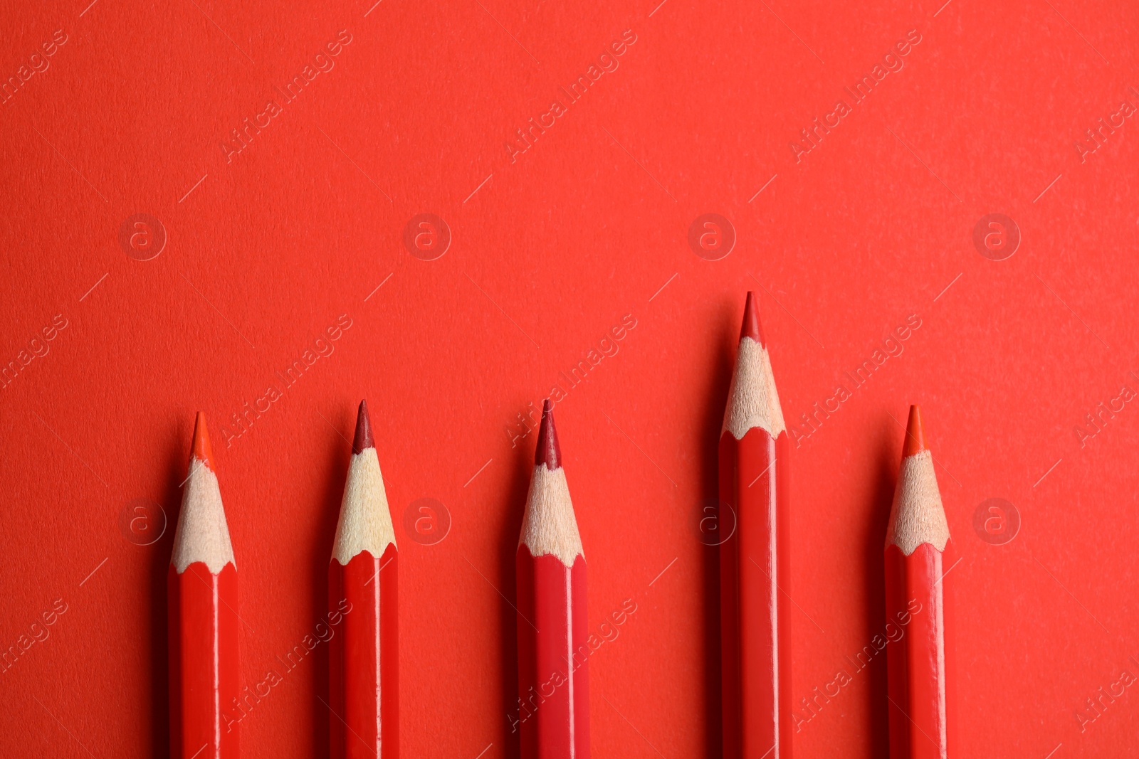 Photo of Flat lay composition with color pencils on red background