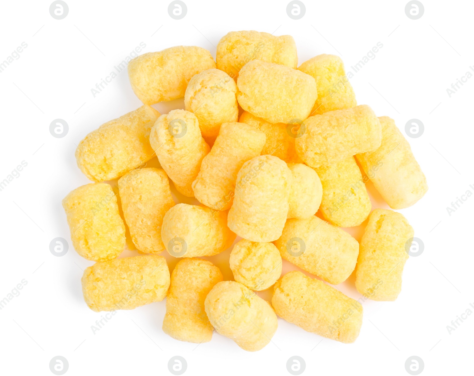 Photo of Pile of tasty corn puffs on white background, top view