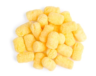 Photo of Pile of tasty corn puffs on white background, top view