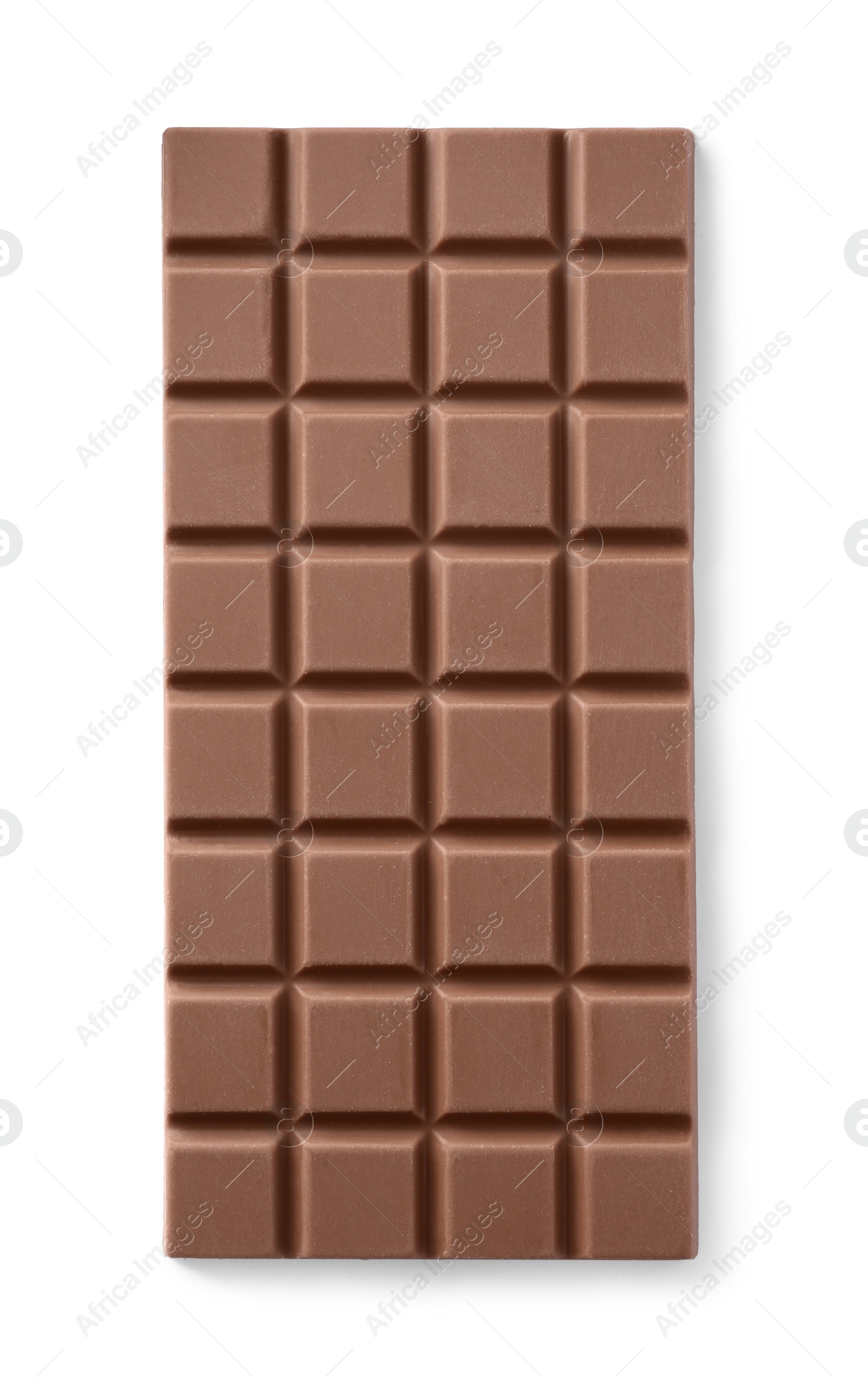 Photo of Delicious milk chocolate bar isolated on white, top view