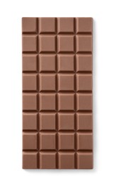 Delicious milk chocolate bar isolated on white, top view