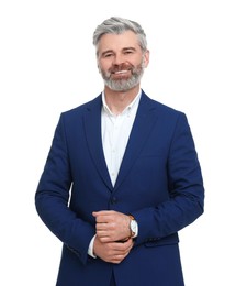 Mature businessman in stylish clothes posing on white background