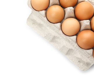 Photo of Carton of raw chicken eggs on white background, top view