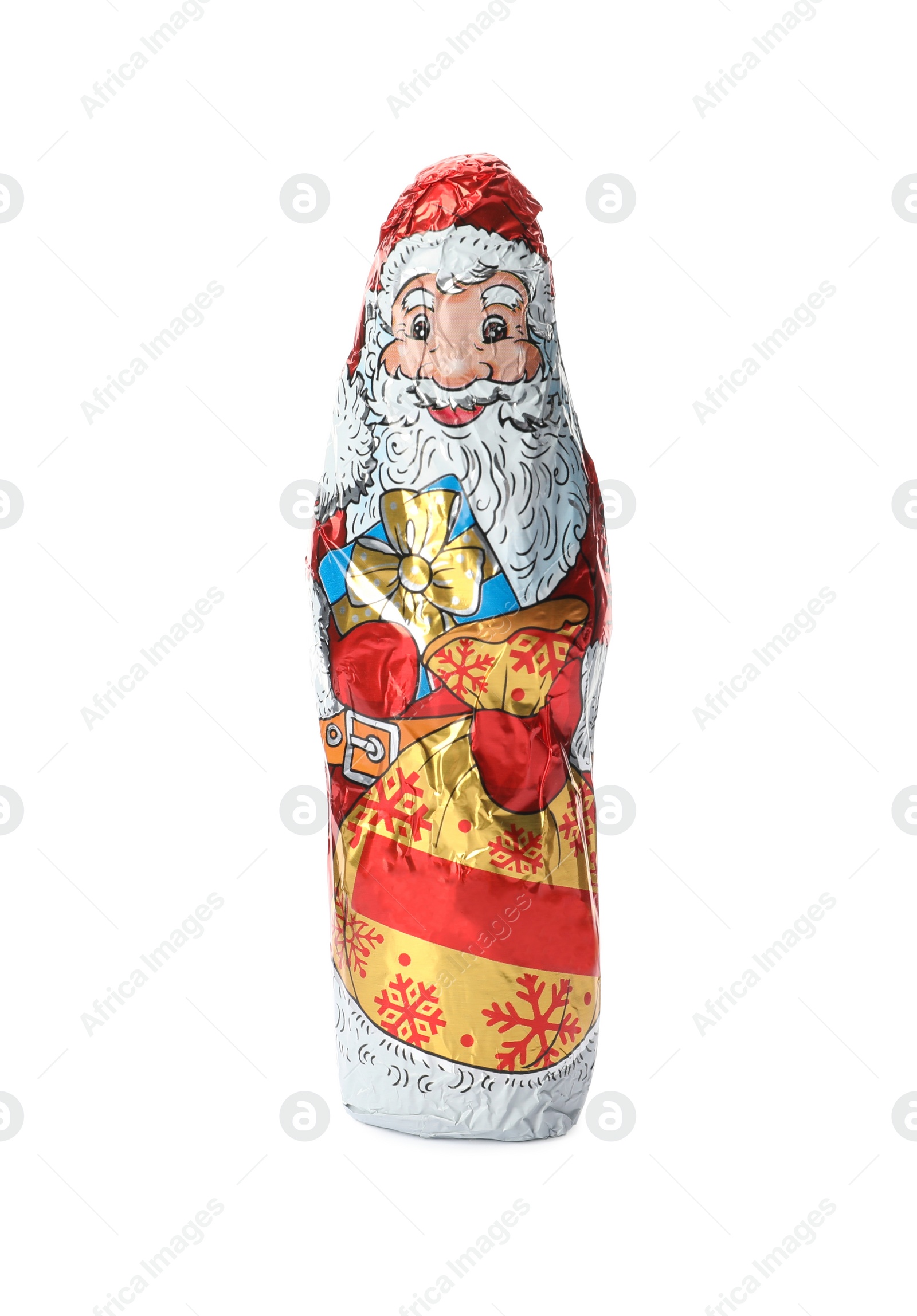 Photo of Chocolate Santa Claus in foil wrapper isolated on white