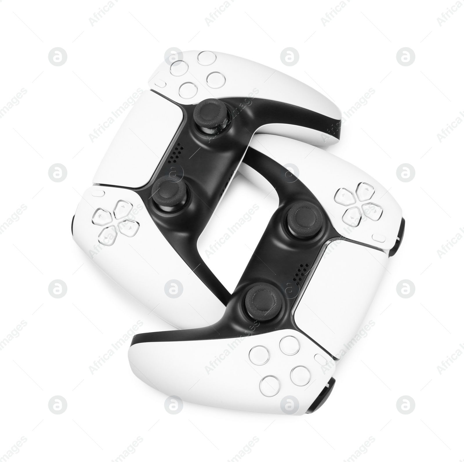 Photo of Two wireless game controllers isolated on white, top view