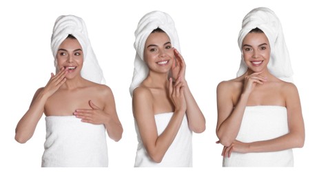 Collage with photos of beautiful young woman with towels on white background