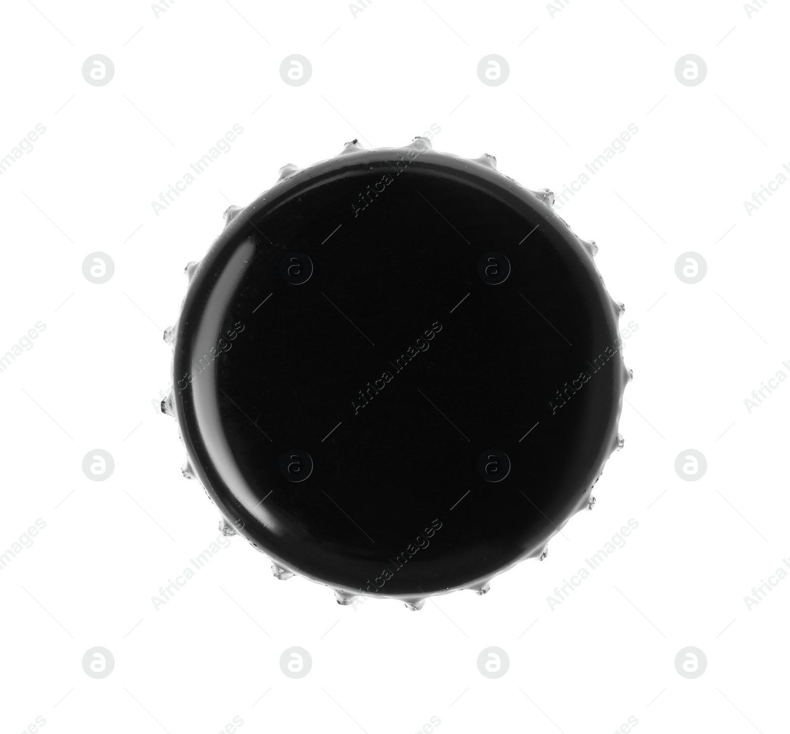 Photo of One black beer bottle cap isolated on white, top view