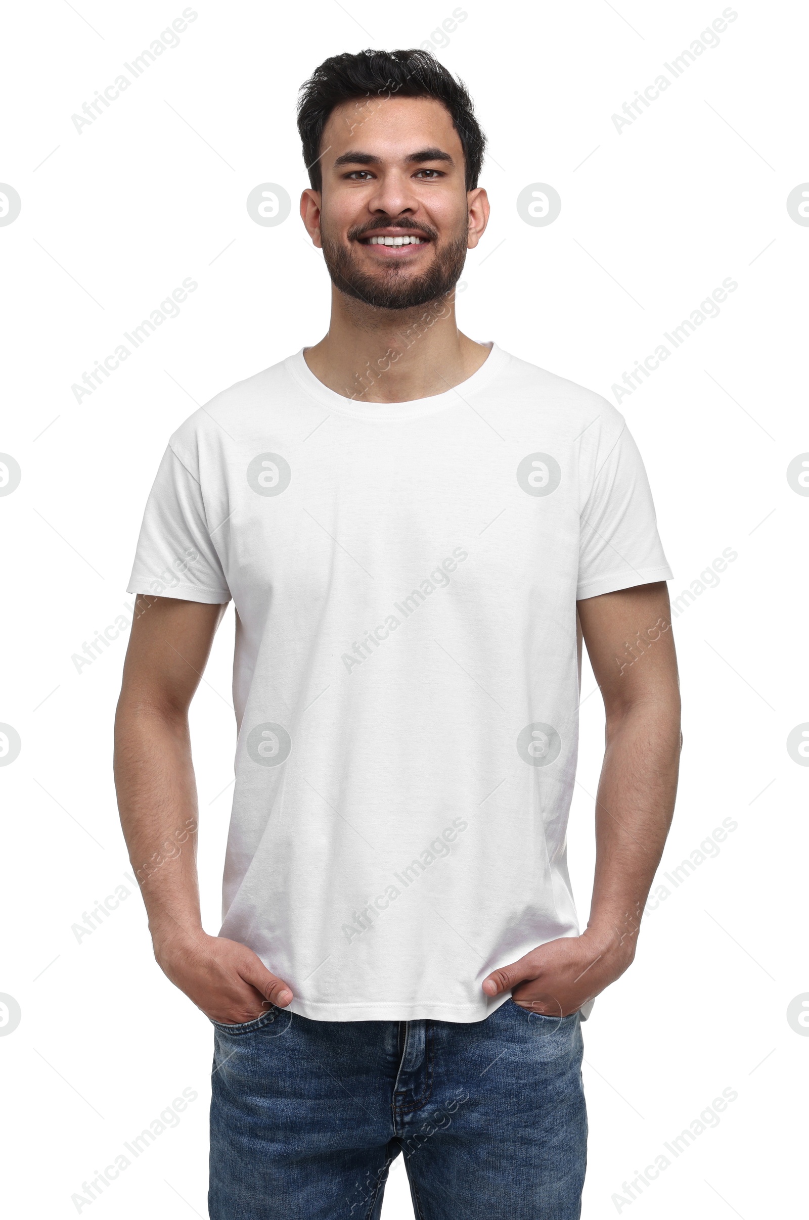 Photo of Smiling man in t-shirt on white background