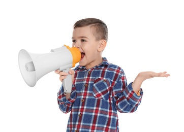 Photo of Cute funny boy with megaphone on white background
