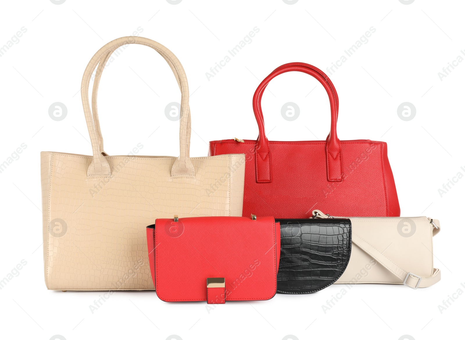 Photo of Collection of stylish women's bags on white background