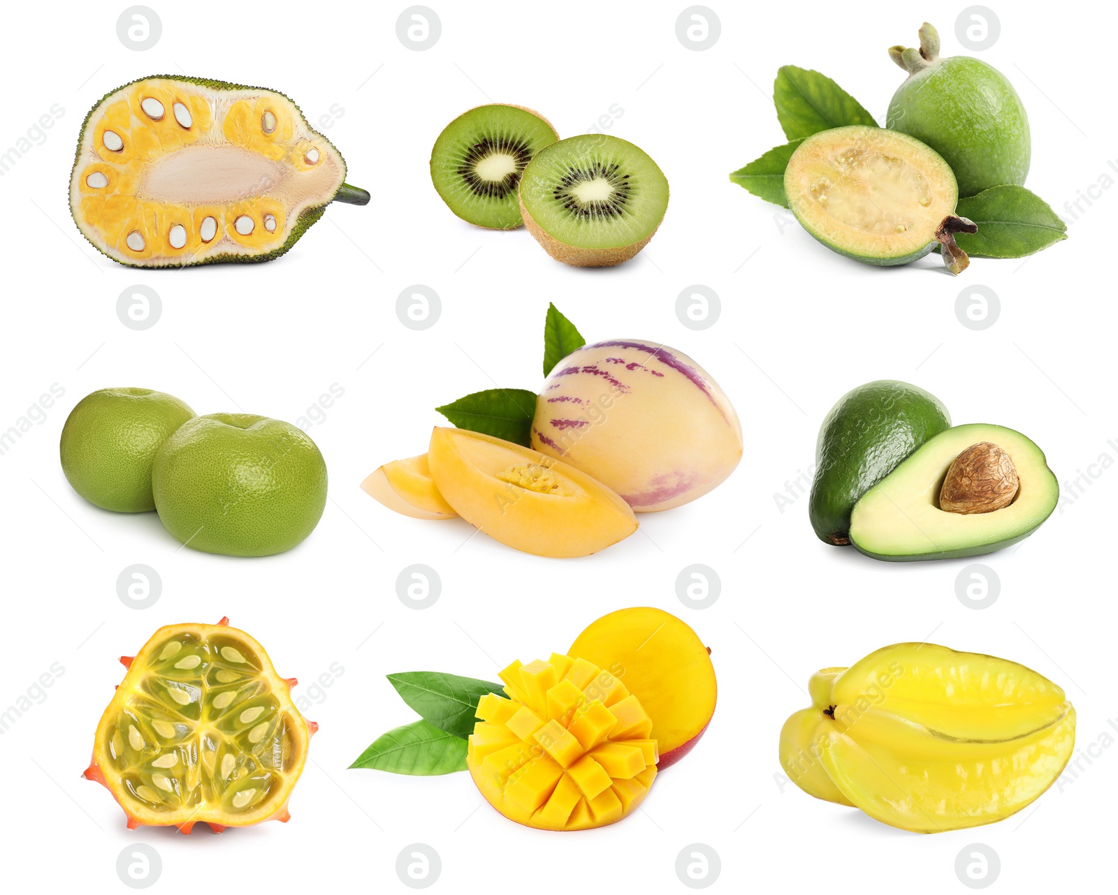 Image of Set with different tasty exotic fruits on white background