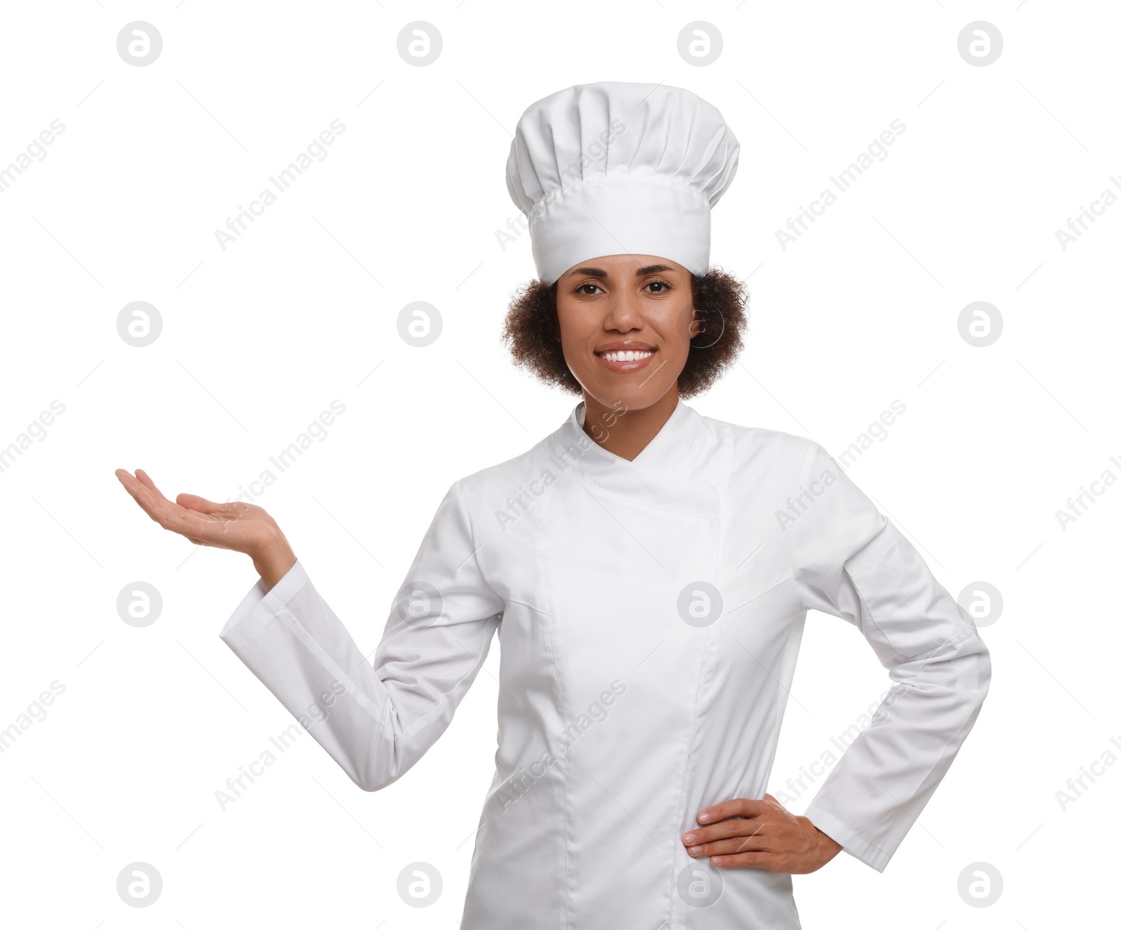 Photo of Portrait of happy female chef in uniform on white background