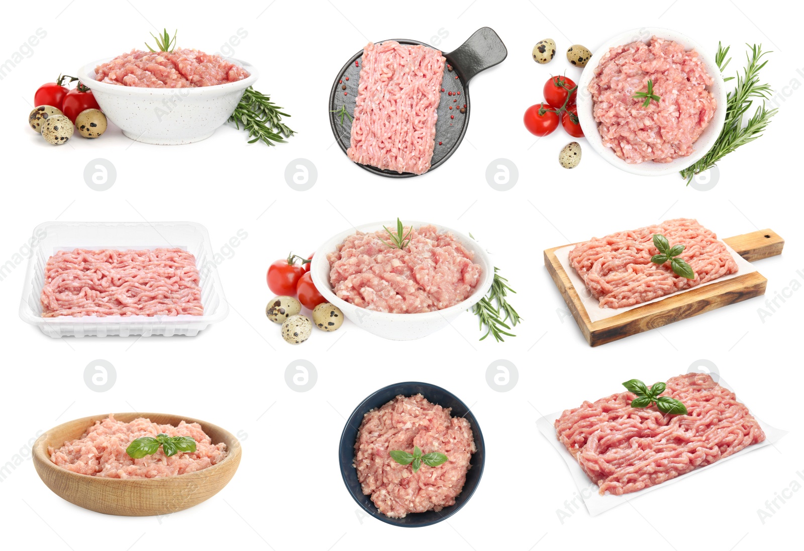 Image of Set with fresh raw chicken minced meat on white background 