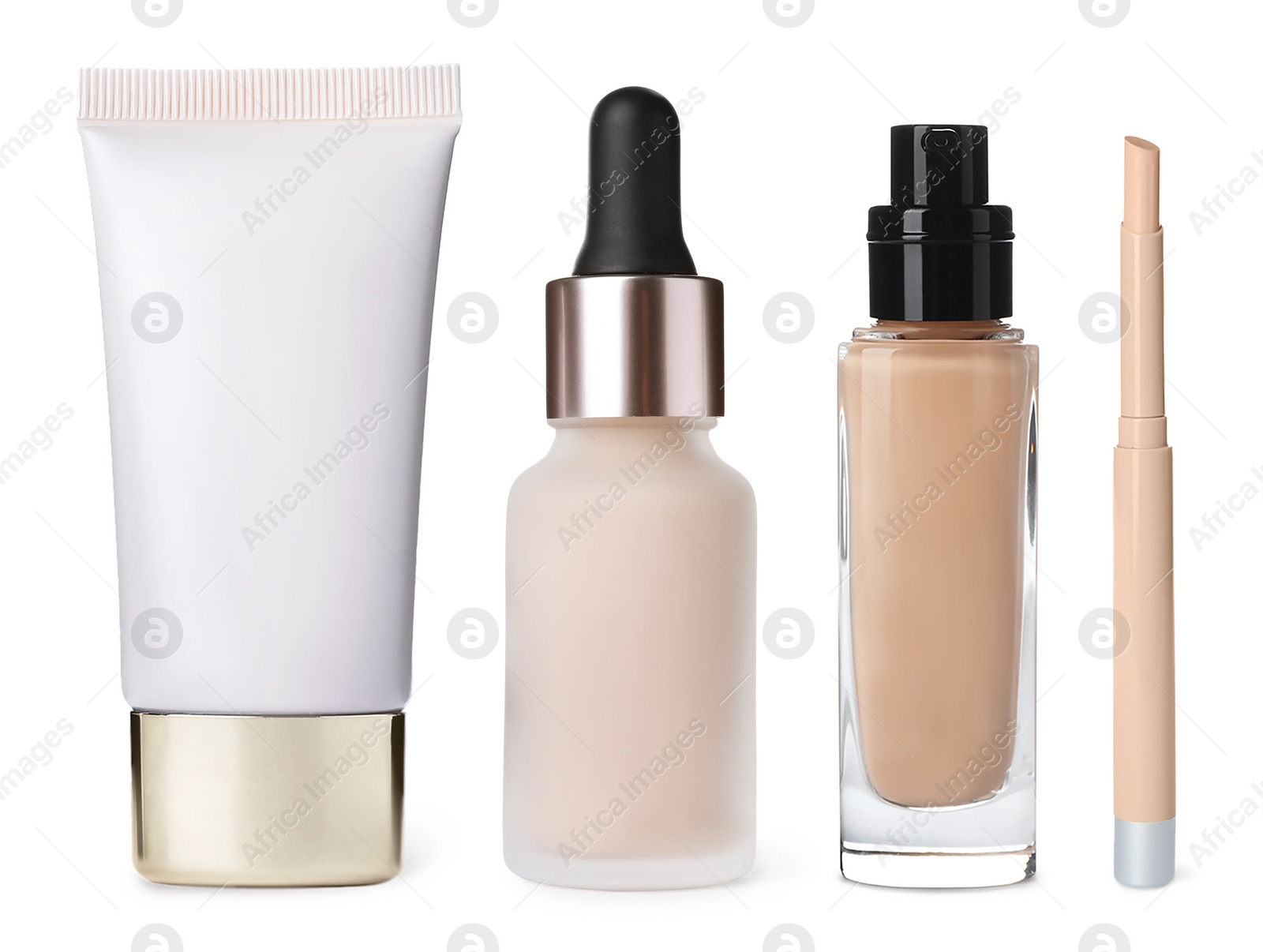 Image of Set with different decorative cosmetic products on white background 