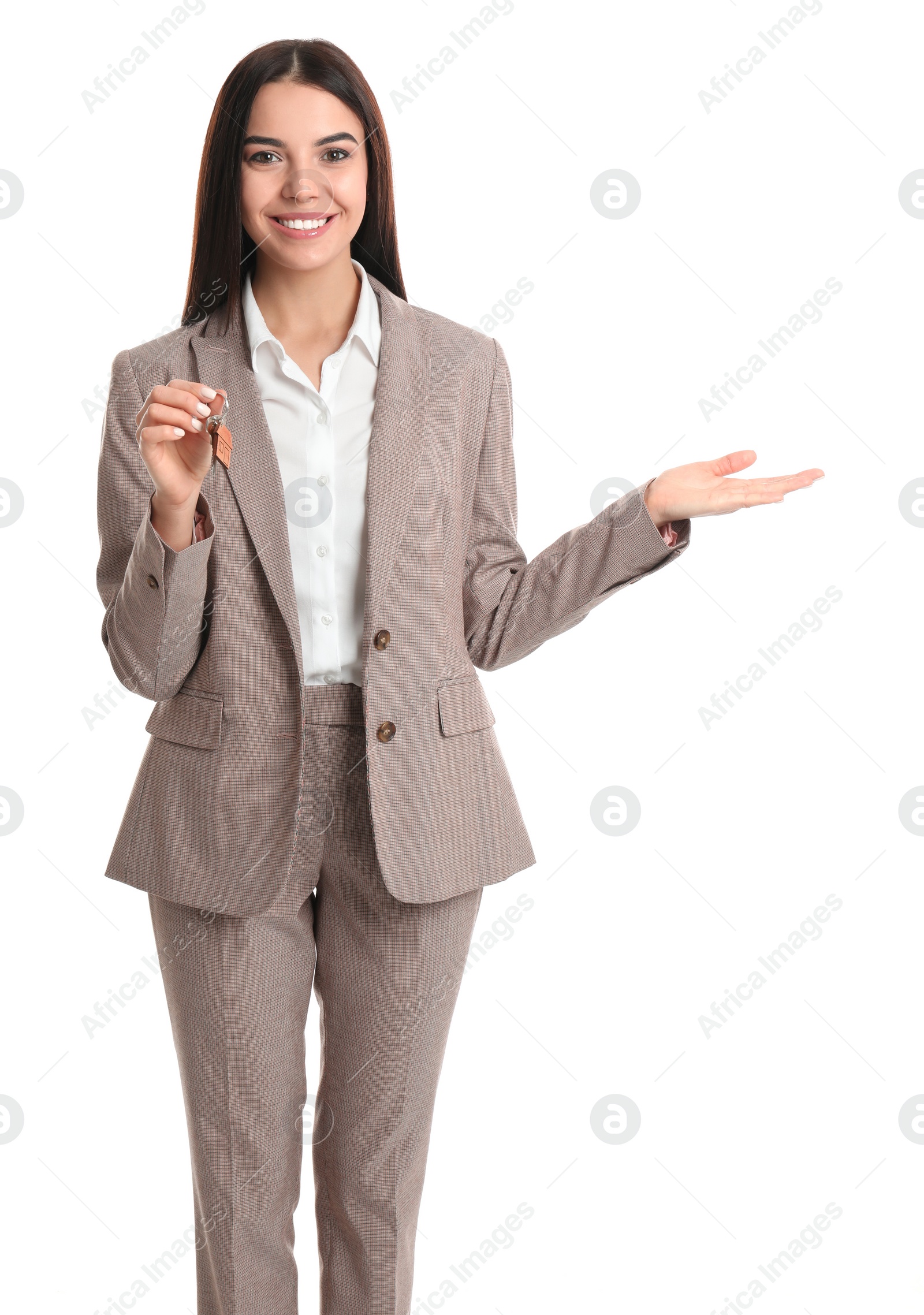 Photo of Real estate agent holding key on white background