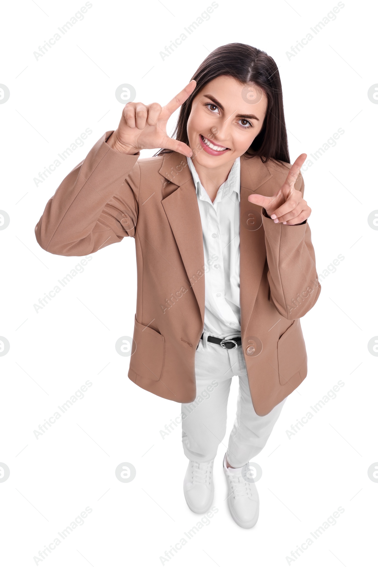 Photo of Beautiful young businesswoman gesturing on white background, above view