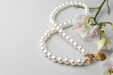 Elegant pearl necklace and orchid flowers on white background, closeup