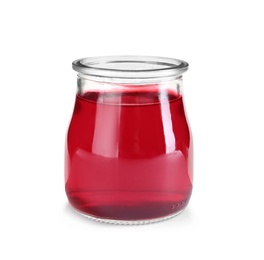 Photo of Tasty colorful jelly in glass jar on white background