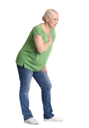 Photo of Mature woman having heart attack on white background