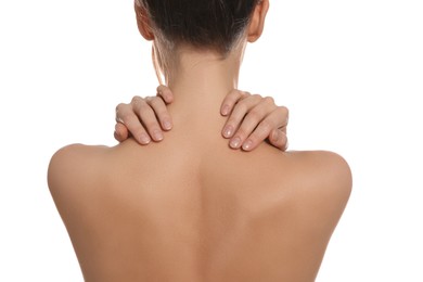 Photo of Back view of woman with perfect smooth skin on white background, closeup. Beauty and body care