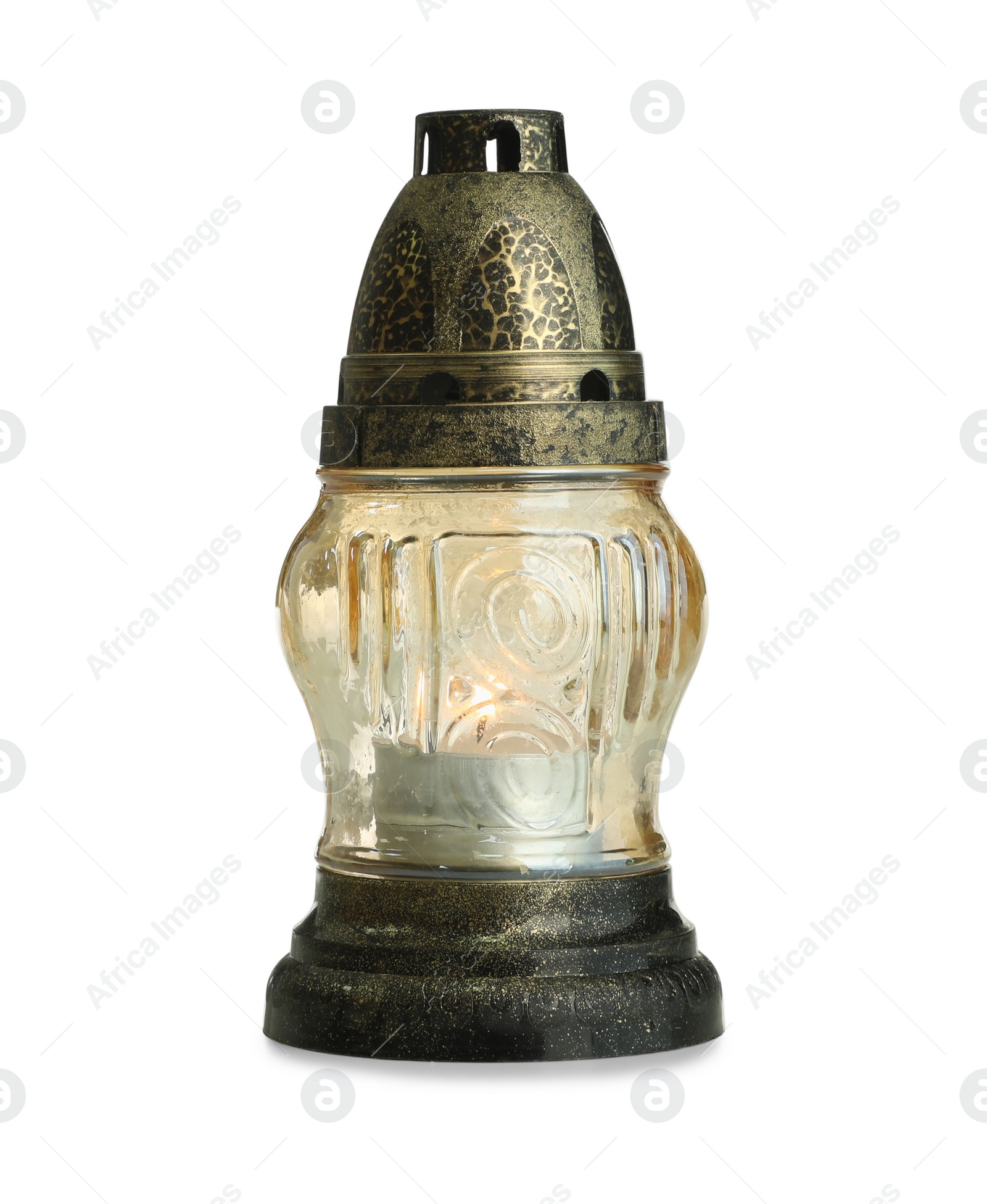 Photo of Transparent grave light with burning candle isolated on white. Symbol of remembrance