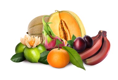 Image of Many different fresh fruits on white background