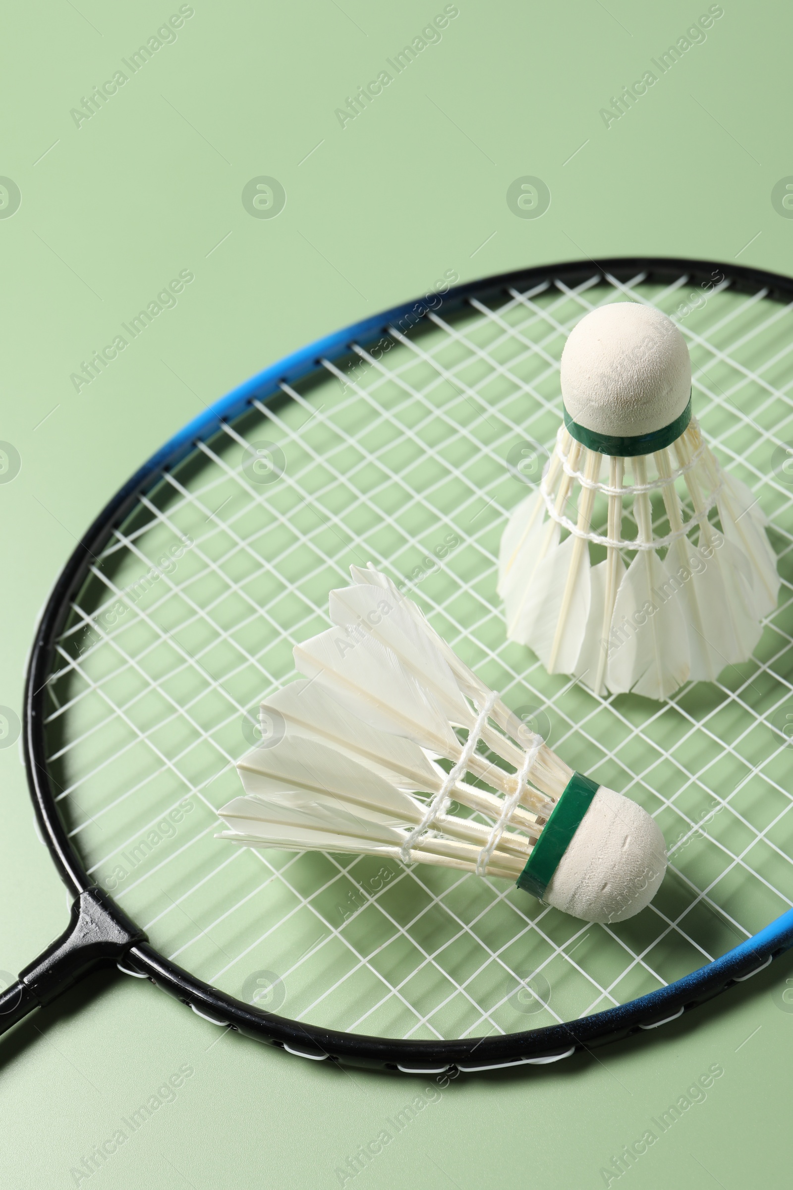 Photo of Feather badminton shuttlecocks and racket on green background, above view