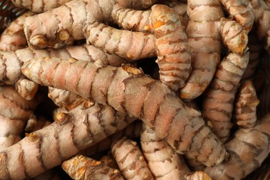Many raw turmeric roots as background, top view