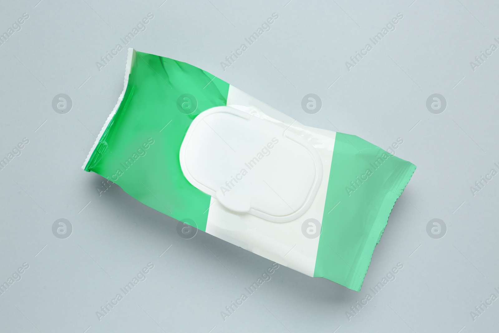 Image of Wet wipes flow pack on light grey background, top view