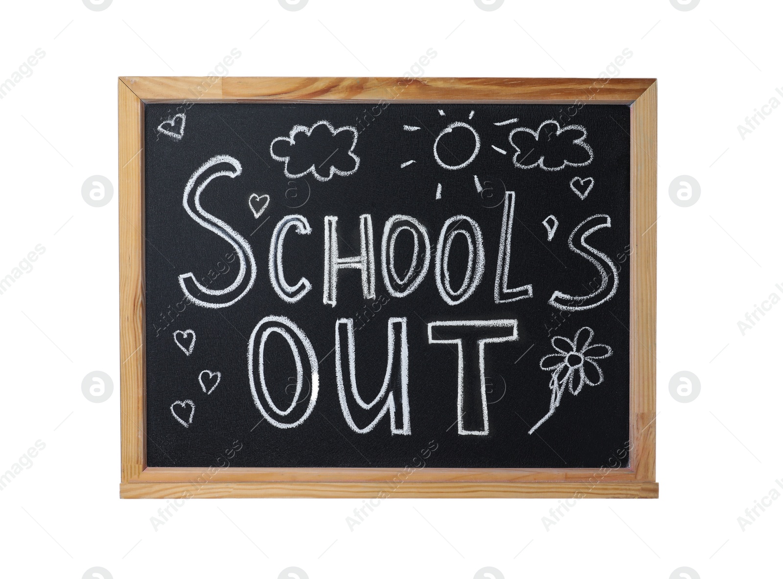 Photo of Blackboard with words School's Out and pictures isolated on white. Summer holidays