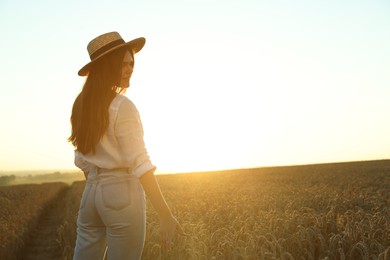 Photo of Beautiful young woman in ripe wheat field on sunny day, space for text