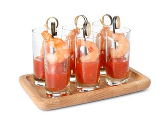 Photo of Tasty canapes with shrimps, tomatoes and sauce in shot glasses isolated on white