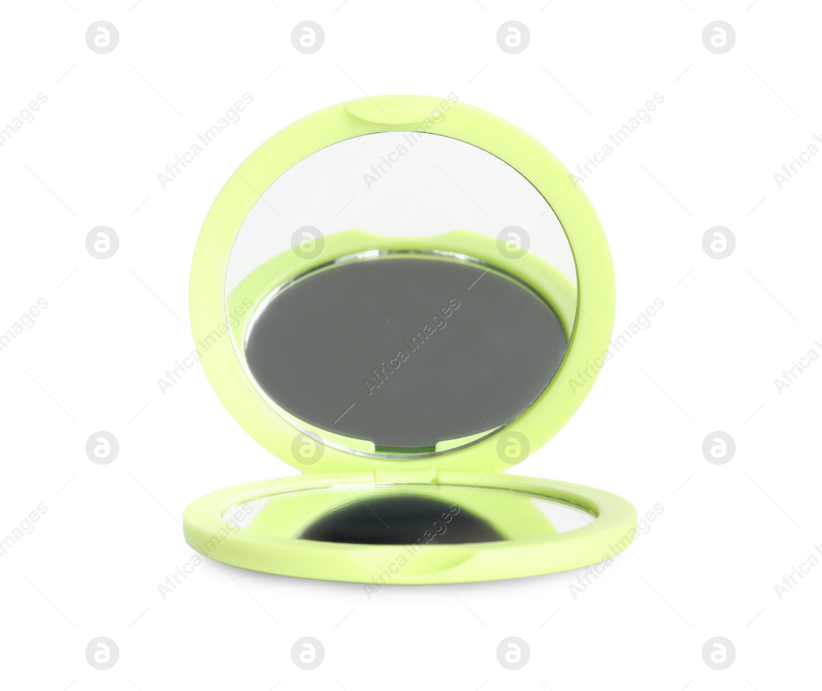 Photo of Light green cosmetic pocket mirror isolated on white