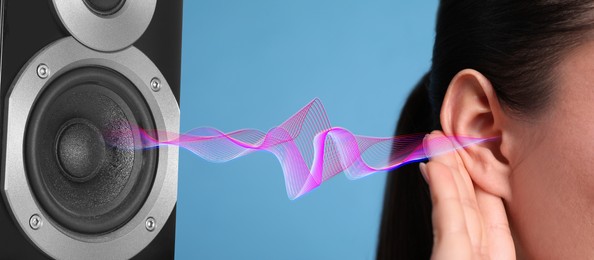 Image of Modern audio speaker and woman listening to music on light blue background, closeup view of ear. Banner design