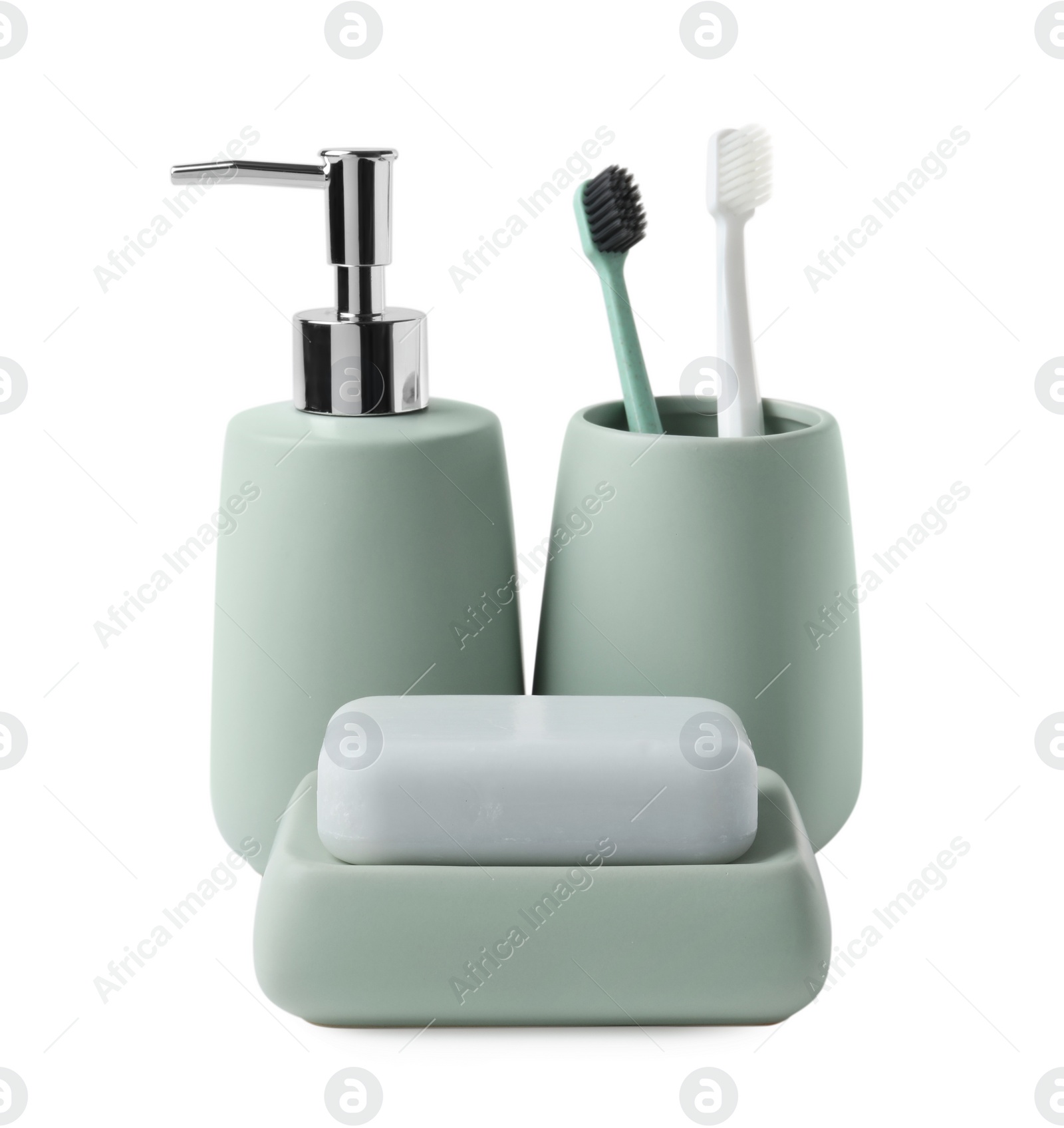 Photo of Bath accessories. Different personal care products isolated on white