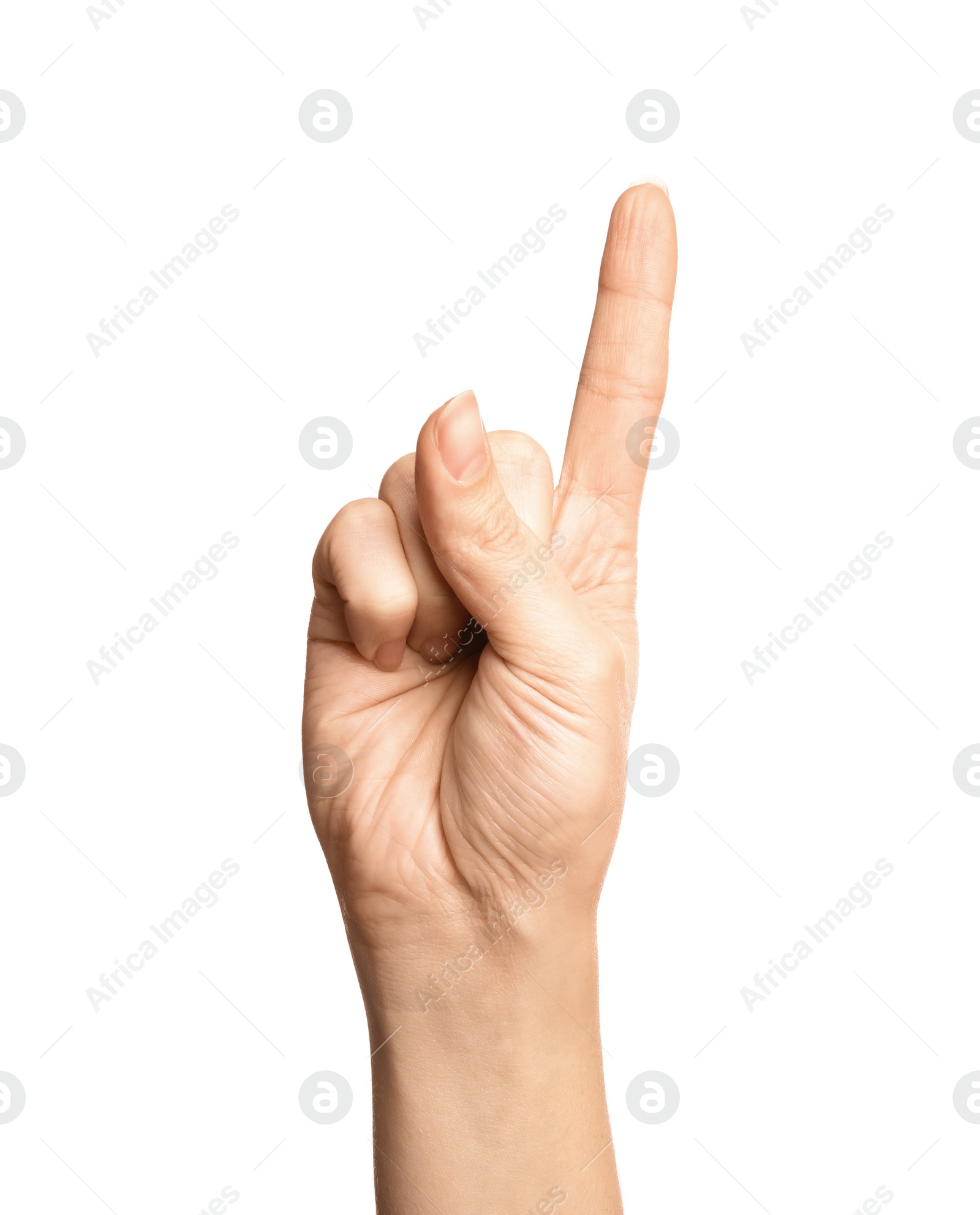 Photo of Woman showing number one on white background, closeup. Sign language