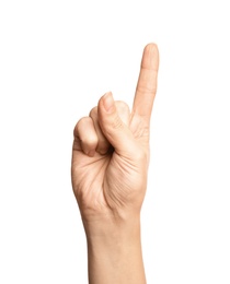 Photo of Woman showing number one on white background, closeup. Sign language
