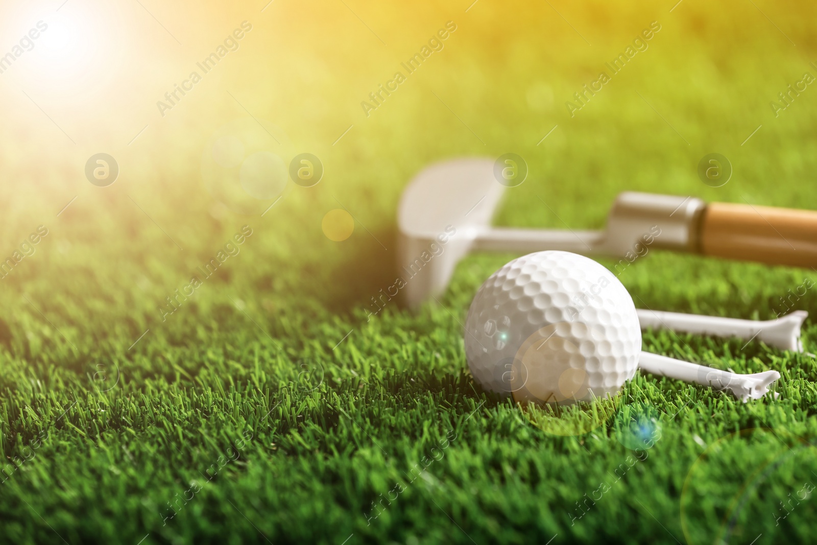 Image of Set of golf equipment in park on sunny day. Space for design