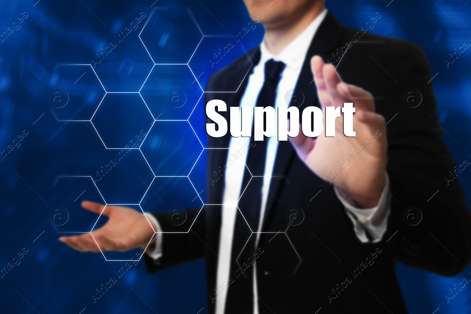 Image of Young businessman near virtual screen, closeup. Technical support service