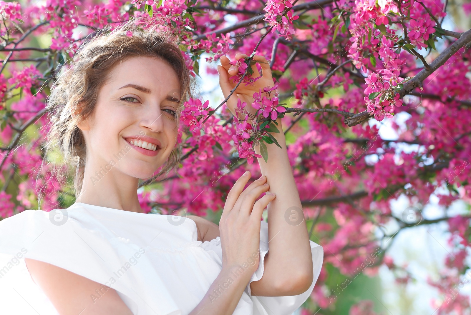 Photo of Attractive young woman posing near blossoming tree on sunny spring day