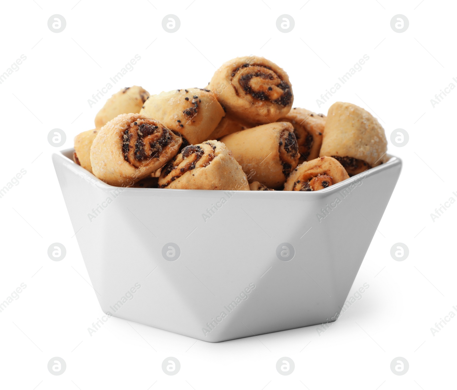 Photo of Bowl with poppy seed cookies isolated on white