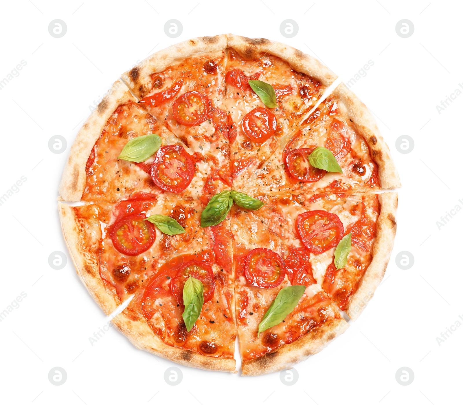 Photo of Delicious hot pizza Margherita isolated on white, top view