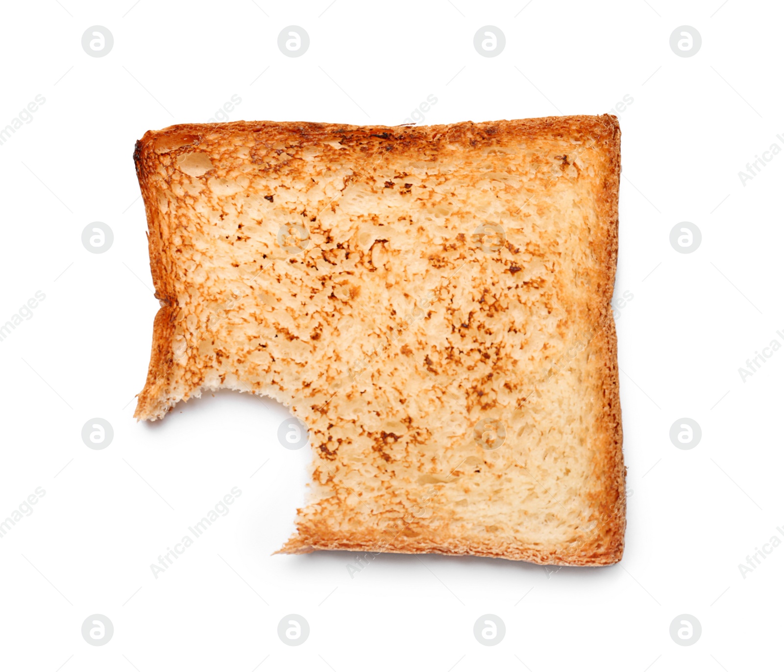 Photo of Toasted bread with bite mark on white background, top view