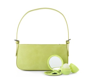 Photo of Stylish baguette bag with pocket mirror and lip balm isolated on white
