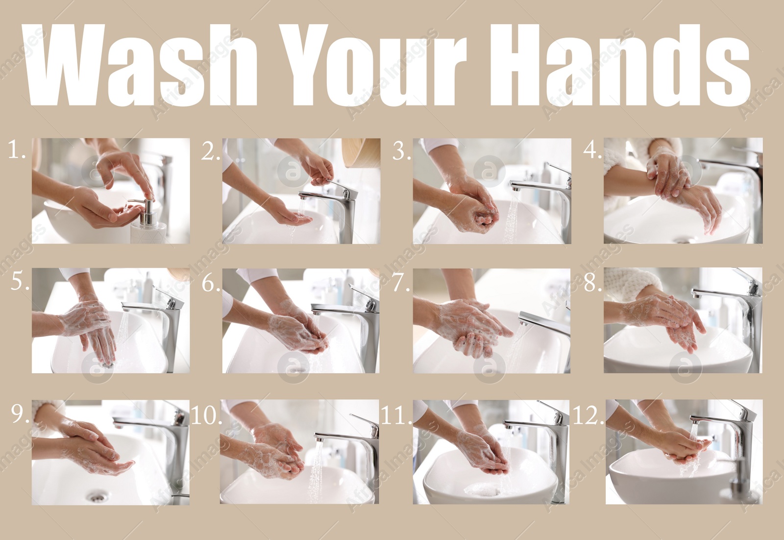 Image of Steps of washing hands effectively. Collage with person over sink in bathroom, closeup