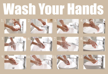 Steps of washing hands effectively. Collage with person over sink in bathroom, closeup